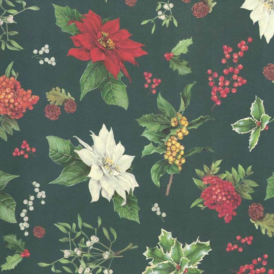 Mixed Poinsettias and Berries on Green Christmas Print Paper ~ Tassotti 